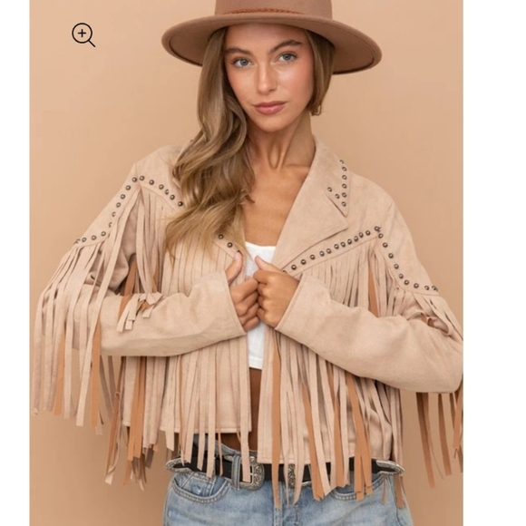 Blue B Collection Faux Suede Fringe Studded Cropped Jacket, Size Medium - Picture 1 of 13